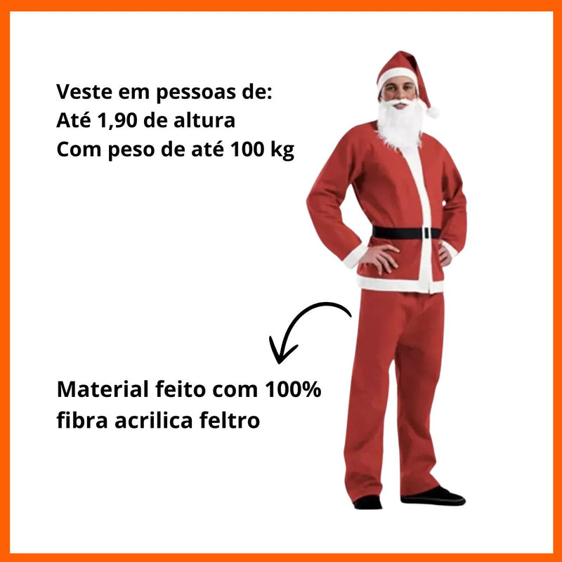 Roupa de Papai Noel Completa - Kit com 5 Peças (Blusa, Calça, Gorro, Cinto e Barba)