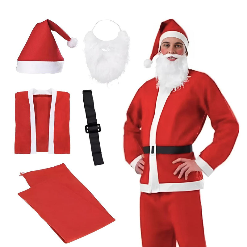 Roupa de Papai Noel Completa - Kit com 5 Peças (Blusa, Calça, Gorro, Cinto e Barba)